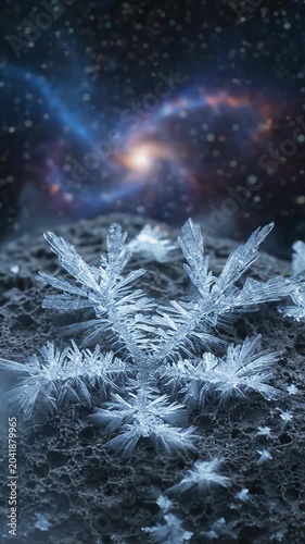 Beautiful Snowflake Crystal Resting on Dark Frozen Rock Surface