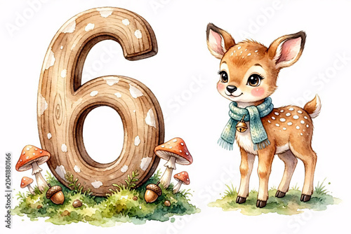 Watercolor Woodland Fawn and Wooden Number 6 for 6th Birthday Clipart