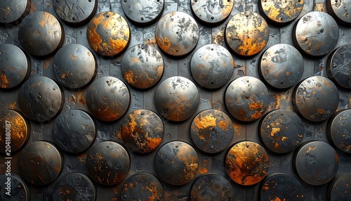 Weathered Circular Metal Disks Arranged in Abstract Industrial Wall Pattern