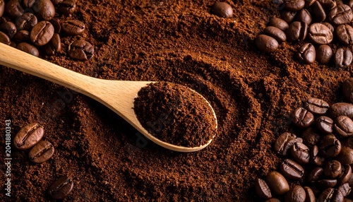Aromatic Ground Coffee in Wooden Spoon on Dark Roasted Bean Background