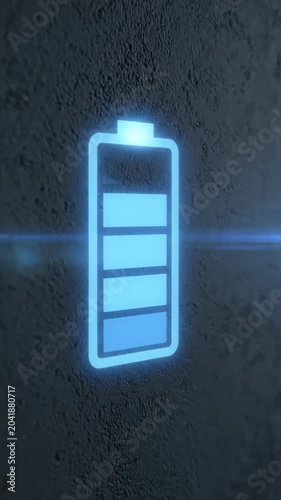Glowing Digital Battery Icon Charging on Dark Textured Surface