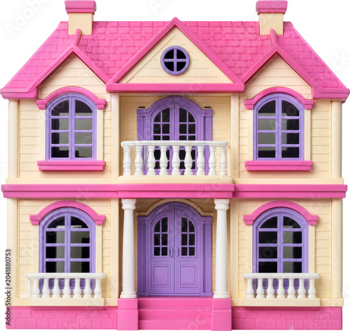 Pink and purple toy dollhouse isolated on transparent background