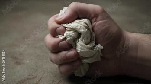 Human Hand Squeezing a Crumpled Piece of White Paper