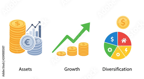 Financial investment concept icons for assets growth and portfolio diversification.