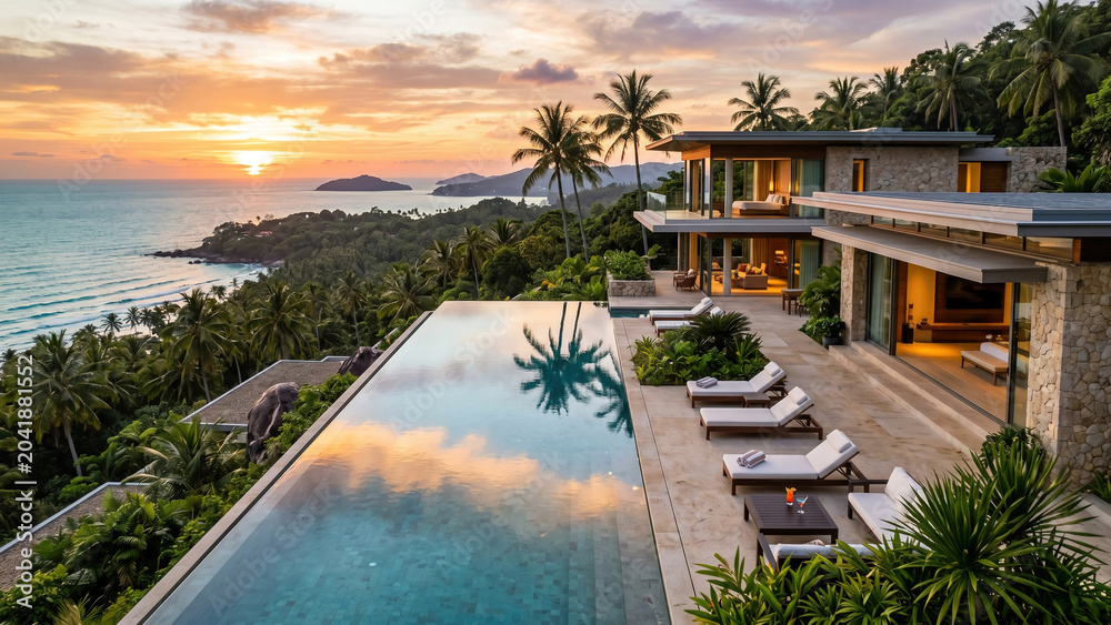 Fototapeta premium Infinity pool overlooking ocean at sunset with modern luxury villa and tropical garden