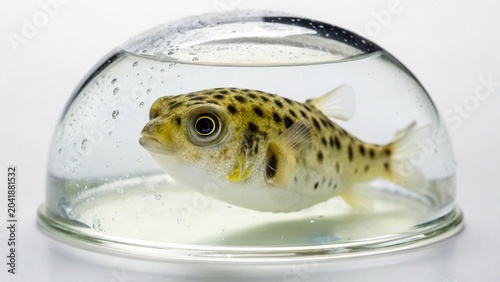 Isolated dwarf pea puffer fish inside a clear water dome on a white studio background