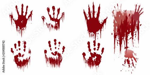 bloody handprints on white background blood drips red stains marks imprints hands