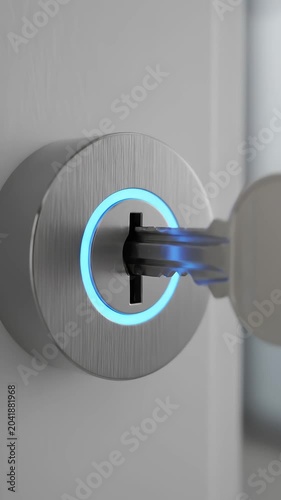 Metal Key Inserted Into Modern Smart Door Lock Mechanism