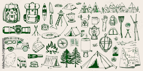 hand drawn camping gear and outdoor elements on beige background backpacks tents