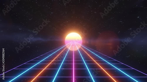 Retro Synthwave Grid Moving Toward Glowing Neon Sun