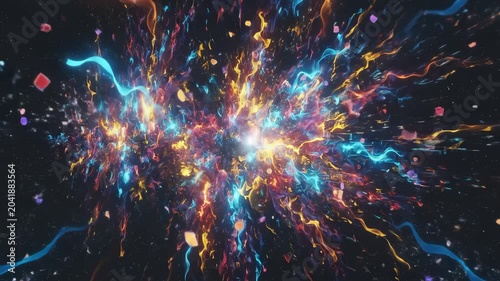 Abstract Colorful Light Explosion with Floating Geometric Particles