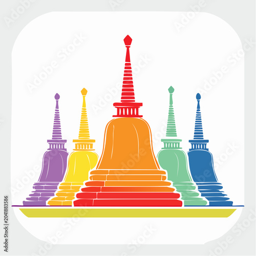 Colorful Buddhist Stupas in a Row