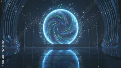Glowing Magical Portal Inside an Ancient Stone Temple Hall