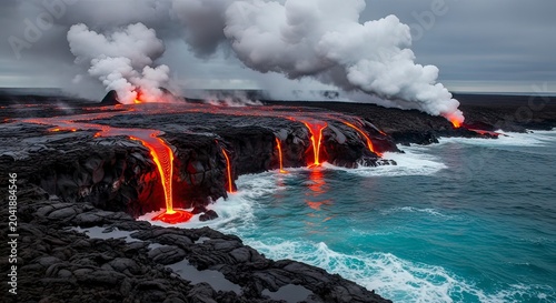 Spectacular Volcanic Lava Flow Pouring Into Ocean With Dramatic Steam and Fire