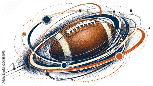 Retro-Futuristic Football with Orbiting Geometric Rings and Halftone Particle Trails