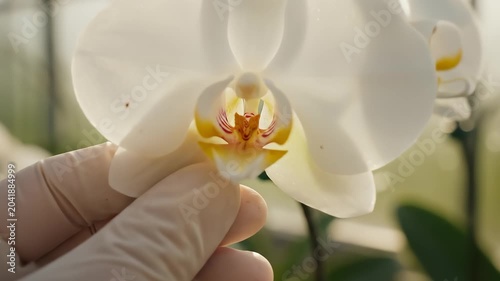 Scientist Examining White Orchid Flower in a Modern Greenhouse