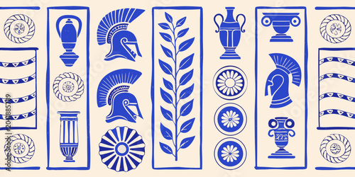 Foto vintage greek culture icons blue silhouette on cream background helmets amphoras