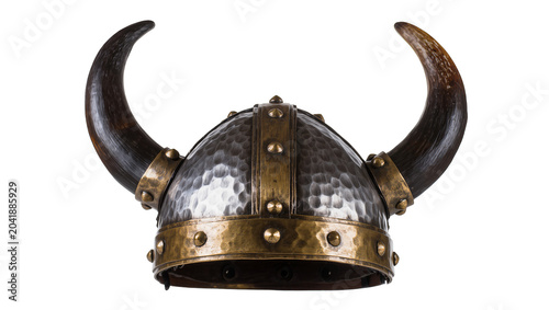 Obraz na plátne Hammered metal Viking helmet with dark curved horns and brass trim
