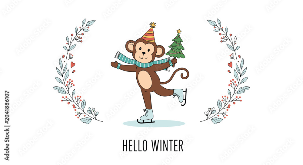 Fototapeta premium Adorable monkey character wearing a scarf and hat ice skating while holding a small Christmas tree in a winter setting.