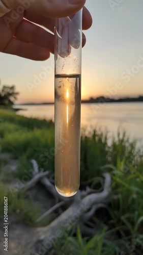 Scientist Holding Water Sample Tube at Sunset Outdoors