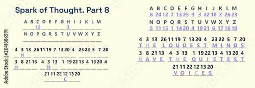 Foto Spark of Thought cryptogram puzzle with letters and codes on paper