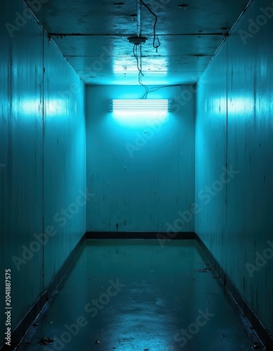 Empty room with blue fluorescent light, water on floor and walls. Dark hallway with puddles and reflections. Isolated, abandoned, eerie atmosphere with dripping moisture.
