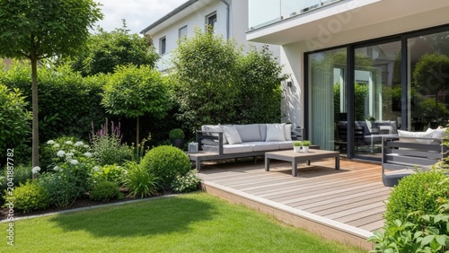 Modern garden patio with grey furniture and lush greenery.