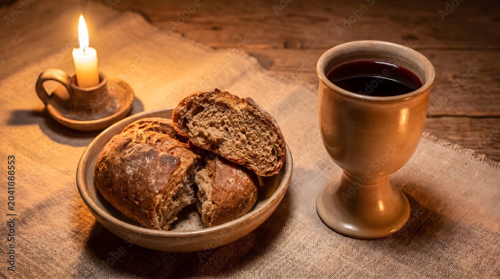 Fototapeta premium Sacred Bread and Wine Chalice on Table