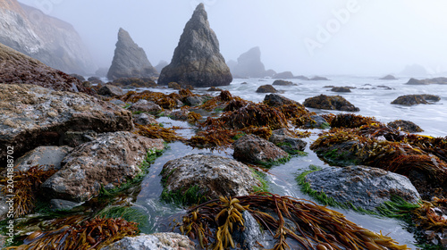 Dense coastal fog bank rolling landward across rocky intertidal zone, Pacific marine layer smothering sea stacks and kelp-strewn tidepools in viscous grey atmosphere, diffused oceanic light filterin