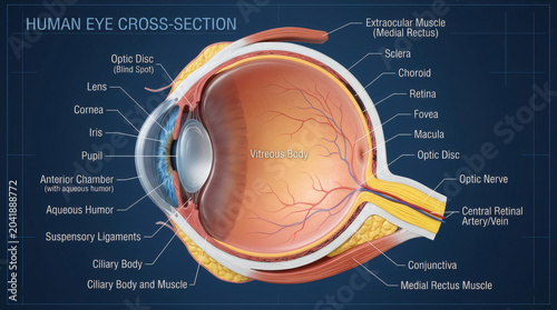 Detailed cross-section illustration of the human eye, highlighting anatomical structures with labels