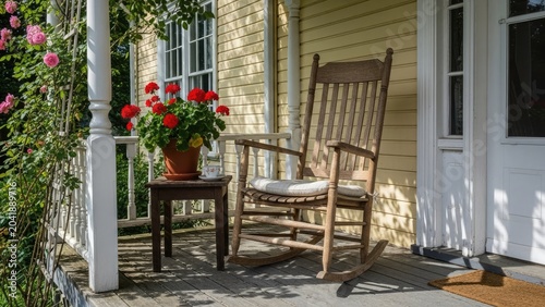 Traditional front porch with wooden rocking chair and flowers.