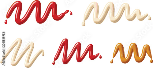 Tomato Ketchup Mayonnaise and Mustard Sauce Drizzle Vector Set with Glossy Creamy Splashes and Swirl Lines for Fast Food Menu Designs