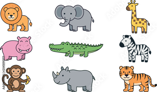 Canvas Print Cute Cartoon Safari and Jungle Animal Set with Lion, Elephant, Giraffe, Hippo, C
