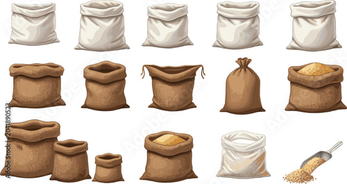 Fotografía Empty and Full Burlap Sack Vector Icon Set with Canvas Bags, Sacks of Grain, and