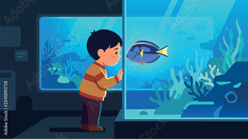 Foto Cute Little Boy Looking at Blue Tang Fish in Public Aquarium Illustration