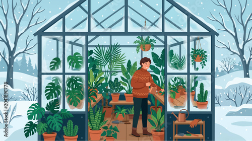 Photos Gardener Watering Plants and Monstera inside Glass Greenhouse in Winter