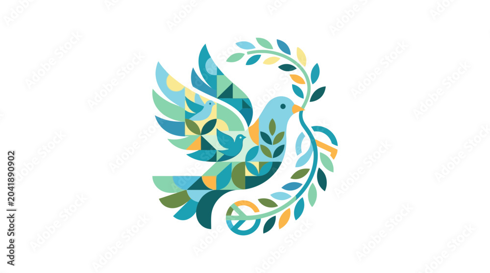 Obraz premium Abstract Dove of Peace with Olive Branch, Geometric Style