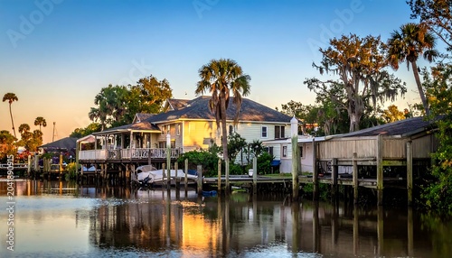 Sunlit Waterfront House Reflecting on Calm Canal at Sunset with Palm Trees