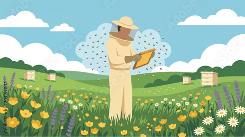 Принти на полотні Beekeeper Inspecting Honeycomb Frame in Wildflower Lavender Meadow Field