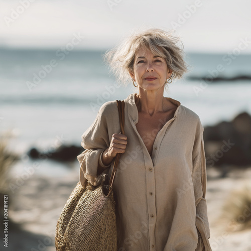 elegant senior woman walking along beach