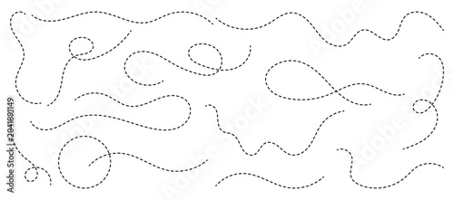 Big collection of hand drawn curve dotted line, spiral dotted line hand drawn, dotted lines path on white background. Path travel dotted line trip dashed trace destination track plan and travelling