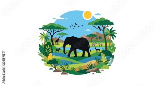 Canvas Print African Safari Landscape with Elephant, Giraffe, and Zebras