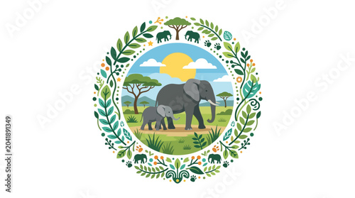 Canvas Print African Safari Elephants Mother and Baby in Decorative Circle Frame