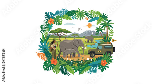 Photography African Safari Adventure: Elephants, Jeep, Photographer, Lush Foliage