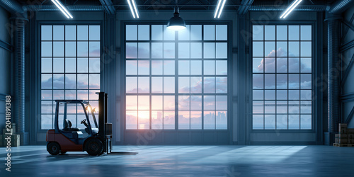 Sunrise warehouse forklift supply chain logistics scene with industrial window light
