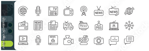 Schilderij op canvas Broadcasting and news media icons set featuring television radio and digital con