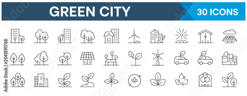 Bild auf Leinwand Set of thirty green city and sustainable environment line icons for eco friendly