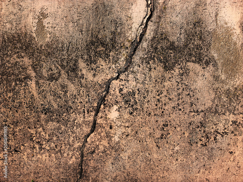 Old weathered wall with cracks, abrasions, mold stains and peeling paint. Dirty neglected concrete or plaster surface. Abstract grunge background
