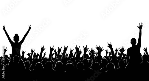 Crowd silhouette with raised hands at music concert, cheering audience at festival event, black and white party people vector illustration