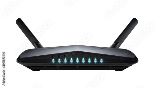 Photos Modern black wireless router with antennas and blue LED lights